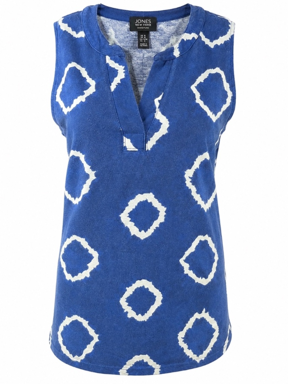 Jones New York Signature Blue White Geometric Print Sleeveless Knit Top Medium